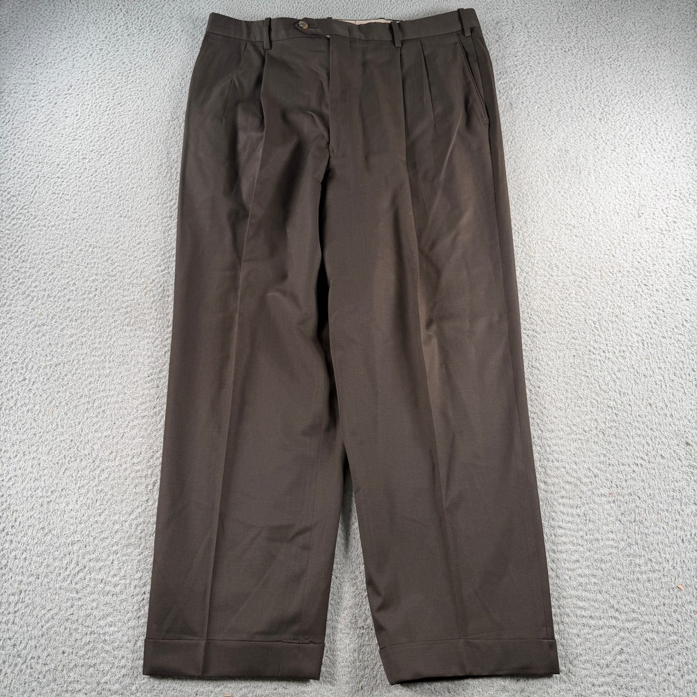 JB Britches Dress Pants Winston Mens 35x27 Brown Wool Pleated Cuffed Italy